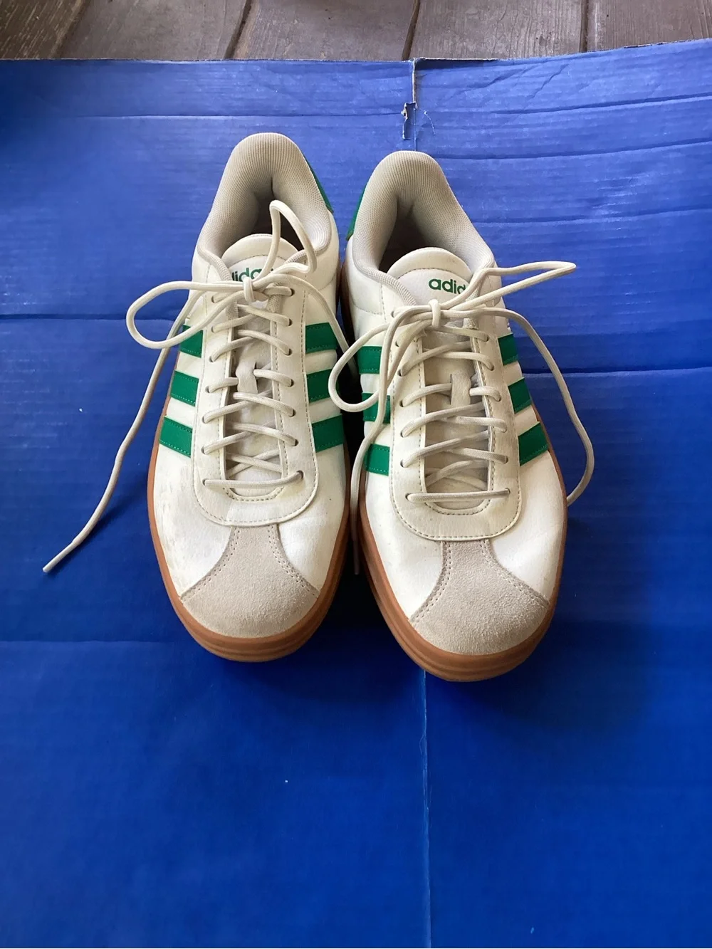 adidas White Sneakers with Green Stripes and Gum Sole, size 8.5